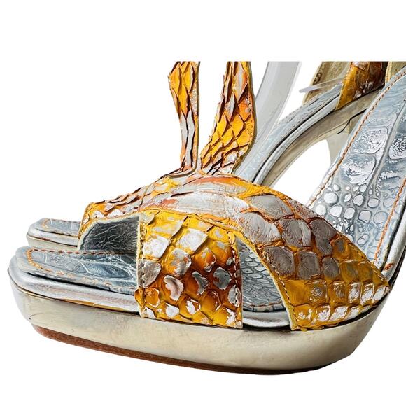 New Massimo Dogana Snake Leather Heel Sandals Size 9.5 US  Silver / Yellow Color - Picture 7 of 16